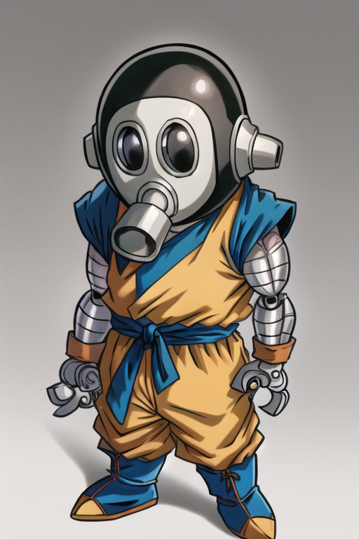 3210042-2367004897-toribot, 1boy, solo, humanoid robot,chibi, (wrench hand), gas mask, full body, standing, orange dougi,son goku, short sleeves, (.png